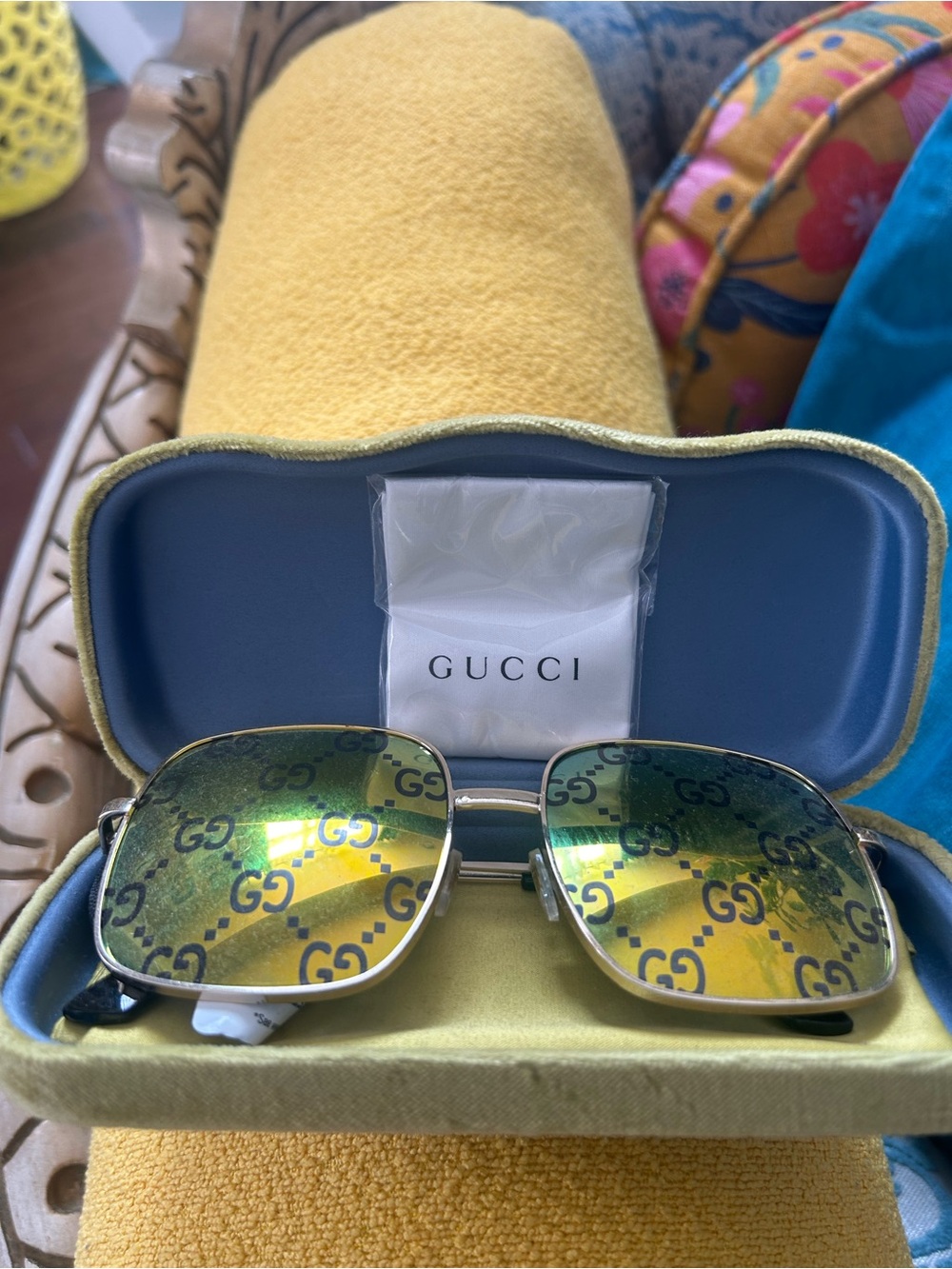 Brand New Gucci  Gold Frame Sunglasses with Yellow-GG Mirror Lenses
